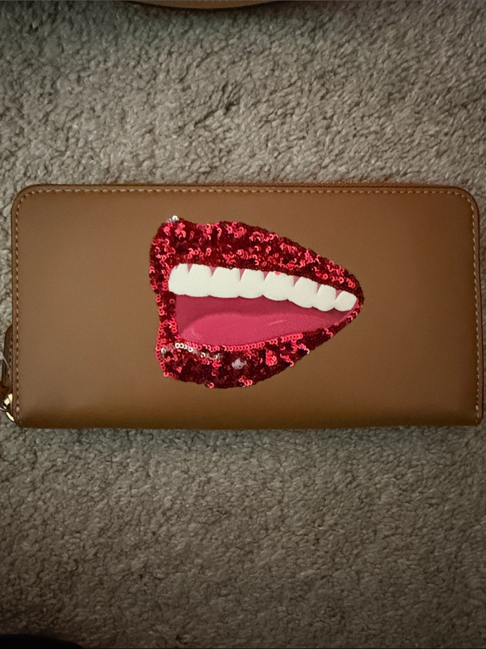 Coach Brown Wallet with Red Sequin Lip Applique